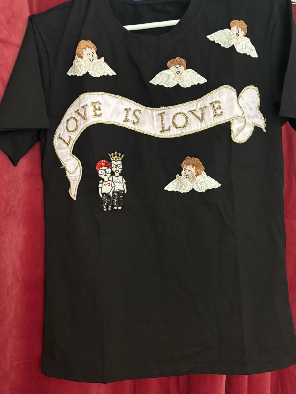 Love Is Love Black Kids T-Shirt with Angel Embroidery